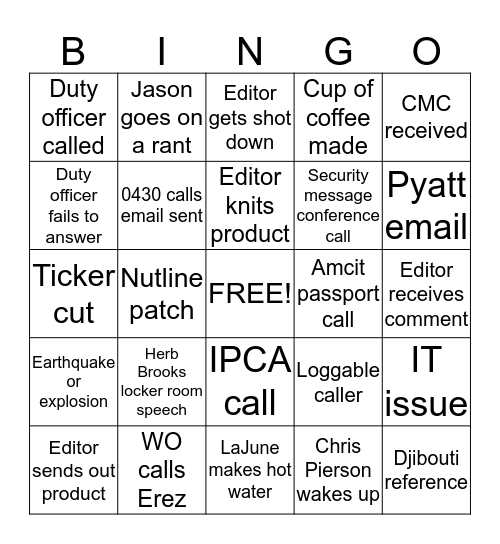 Shift I Bingo! Bingo Card