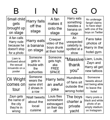 On The Road Again Tour Bingo Card