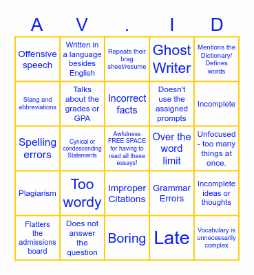 Terrible College Essay Bingo Card