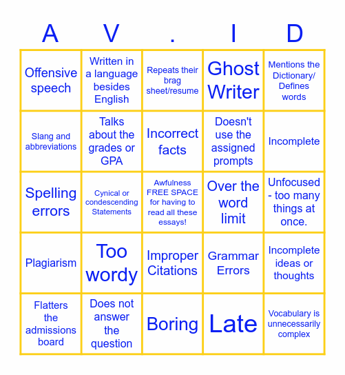 Terrible College Essay Bingo Card