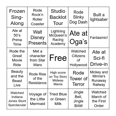 Hollywood Studios Bingo Card