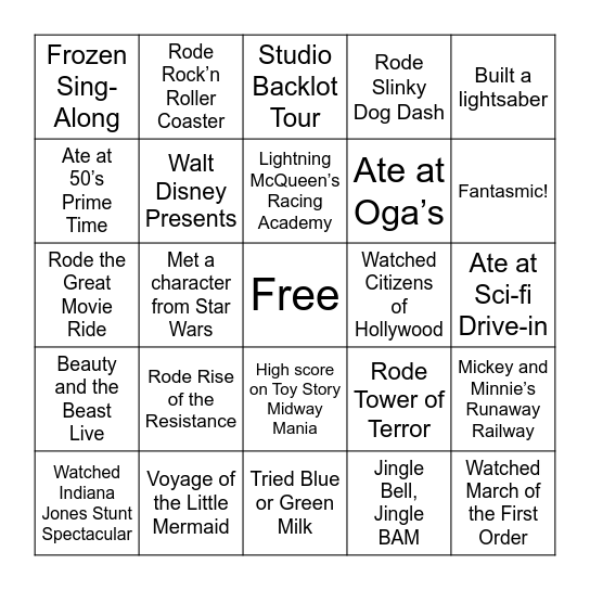 Hollywood Studios Bingo Card