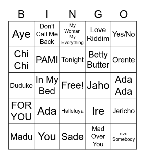 Love Songs Bingo Card