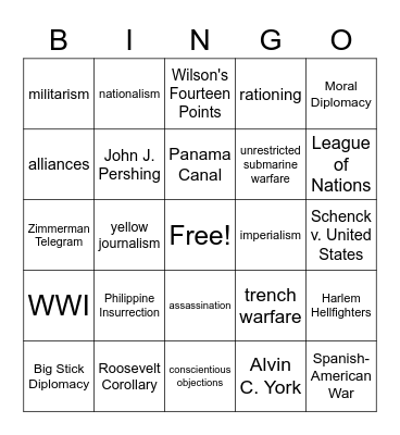U.S. History - American Imperialism and WWI Bingo Card