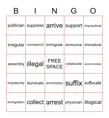 Spelling Words: Unit 6 Week 4 Bingo Card