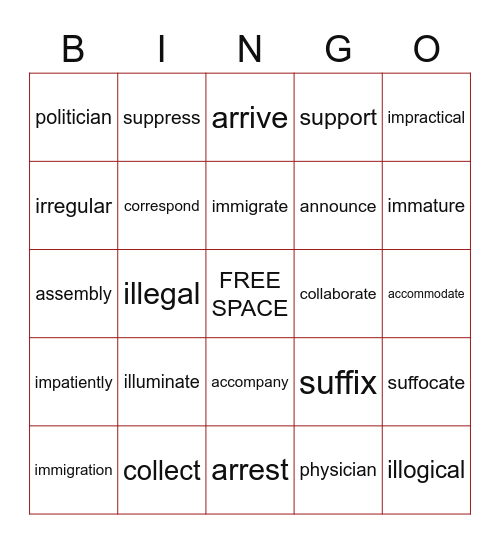 Spelling Words: Unit 6 Week 4 Bingo Card
