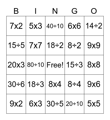 Multiplication & Division Bingo Card