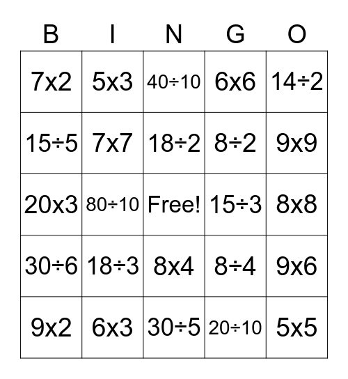 Multiplication & Division Bingo Card