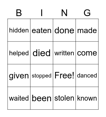 Regular and Irregular verbs Bingo Card