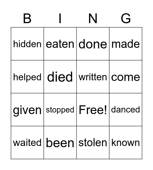 Regular and Irregular verbs Bingo Card