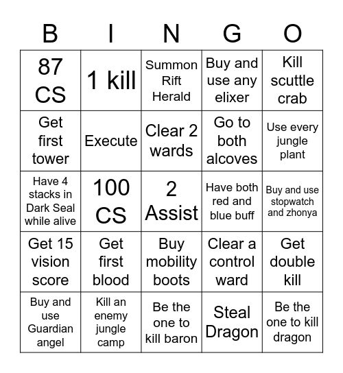 League of legends Bingo Card