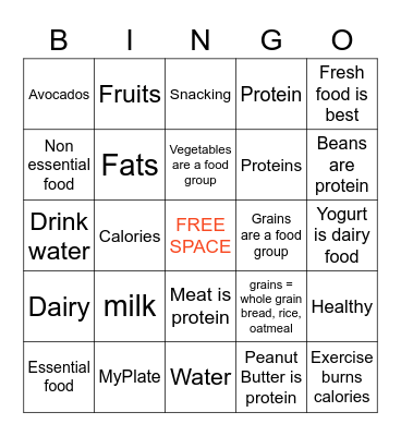 Nutrition Bingo Card