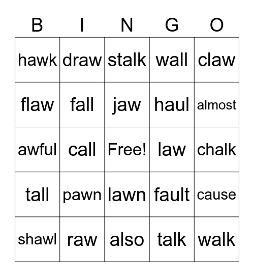 AU AW AL Bingo Words 6-2 Bingo Card