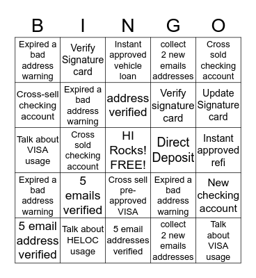 Member Service Bingo Card