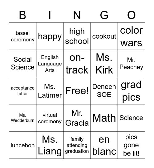 8th Grade Bingo Card