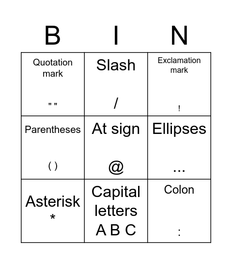 PUNCTUATION Bingo Card