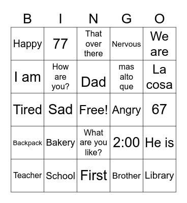 Verbo Estar + Vocabulary Bingo Card