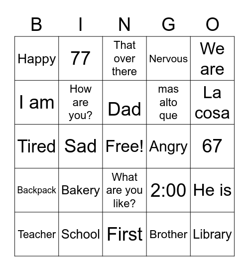 Verbo Estar + Vocabulary Bingo Card