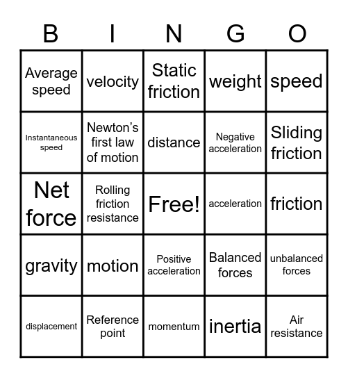 Motion and force Bingo Card