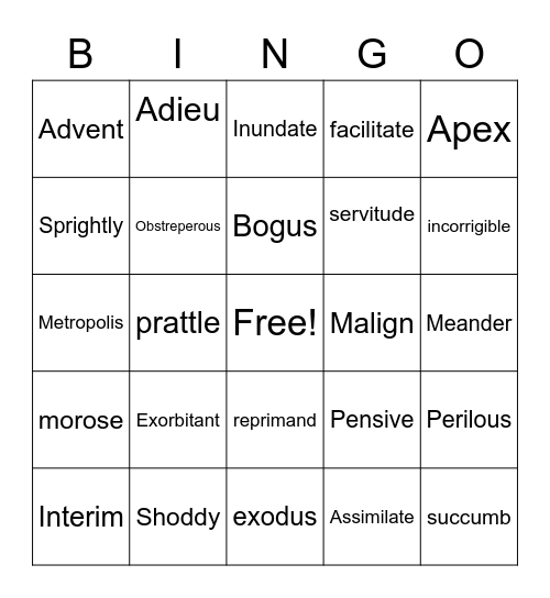 Vocab Bingo Card