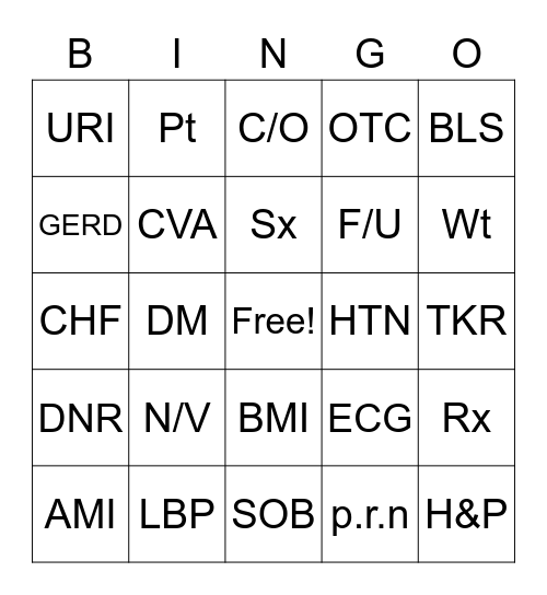 Nurse's Day Bingo Card