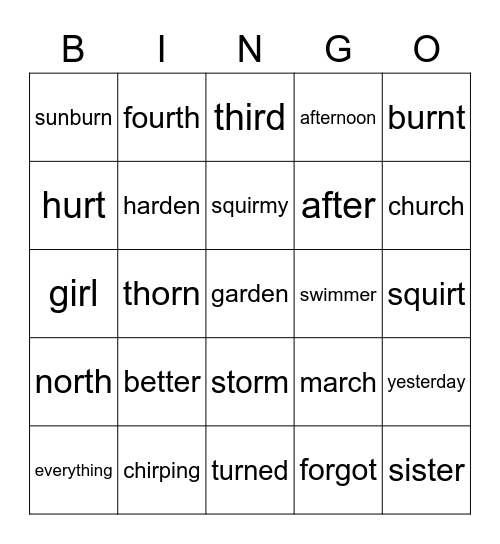 R-Controlled Vowels Bingo Card