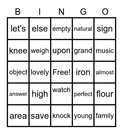 2nd - 3rd Grade Vocabulary Words Bingo Card