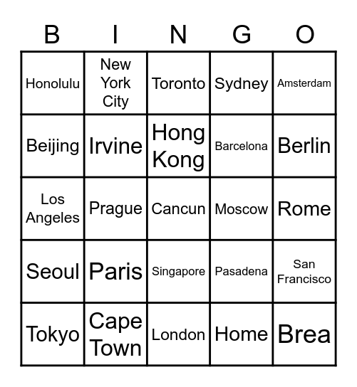 2021 Vacation Spots Bingo Card