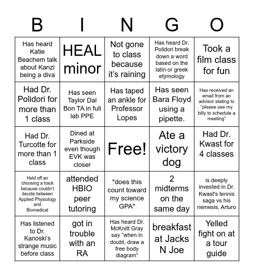 HBIO Class of 2021 Bingo Card