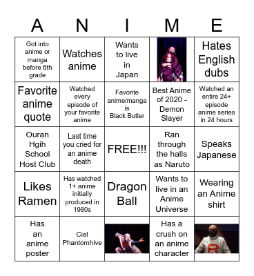 Anime & Character Bingo Card
