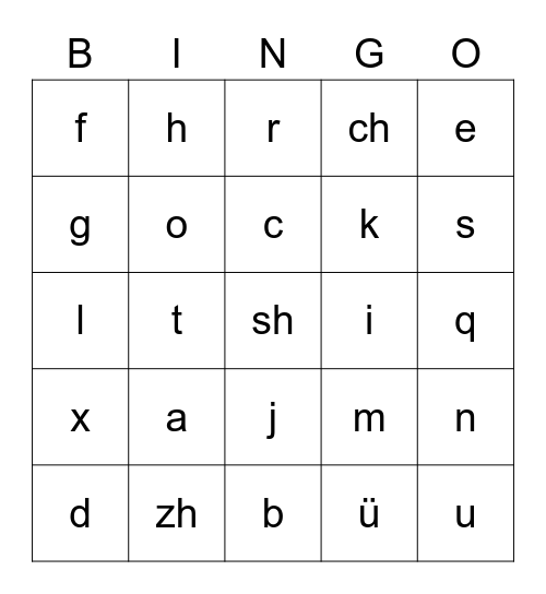 Pinyin Table Bingo Card