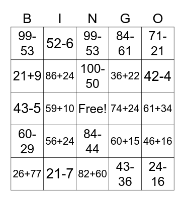 2 Digit Addition and Subtraction with Regrouping Bingo Card