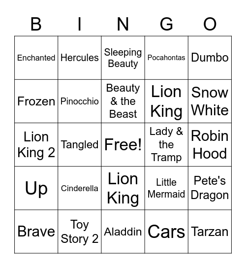 Disney Movie Music Bingo Card