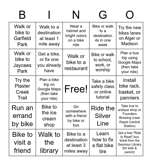 Alger Heights Bike, Walk, and Bus Bingo Card