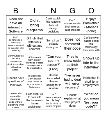LE Senior Interview Sins Bingo Card