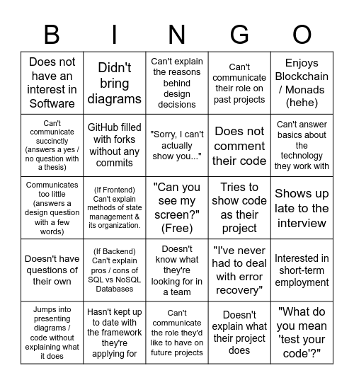 LE Senior Interview Sins Bingo Card