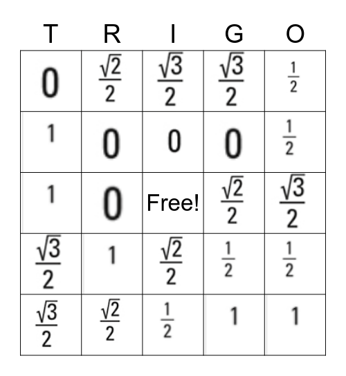 Algebra 2 Trig Bingo Card