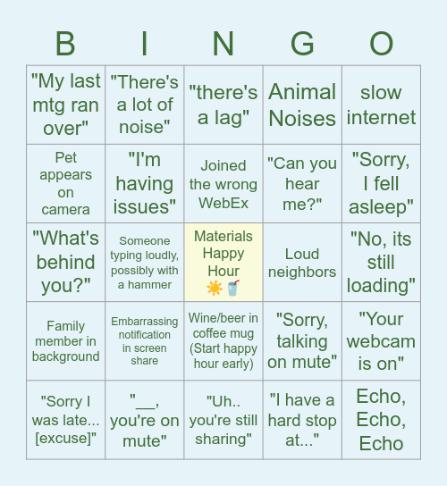 Happy Hour Bingo Card