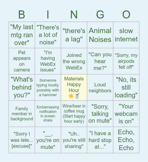 Materials Happy Hour Bingo Card