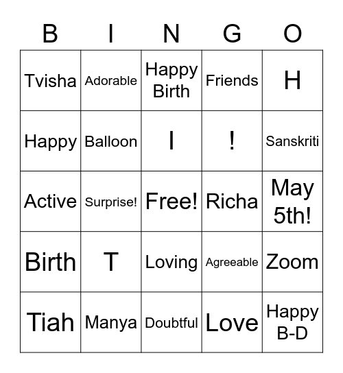 Happy Birthday Tiah Bingo Card