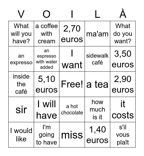 Au Café Bingo Card