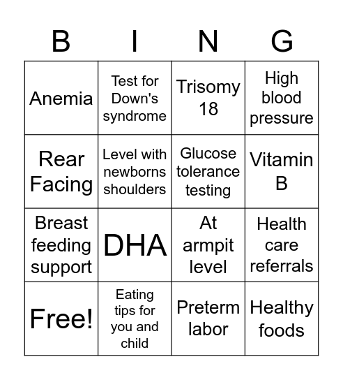 Adolescent Pregnancy Bingo Card