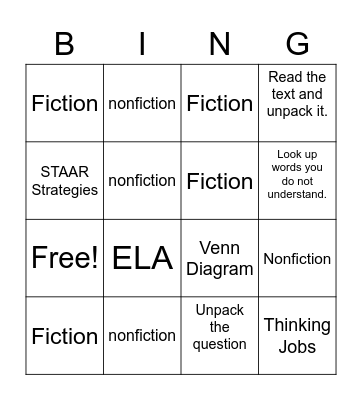 Thinking Jobs STAAR Bingo Card