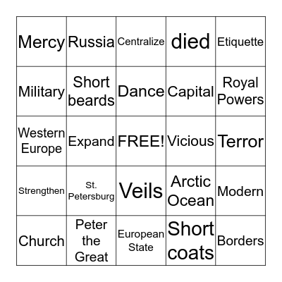 Peter the Great Bingo Card
