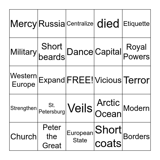 Peter the Great Bingo Card