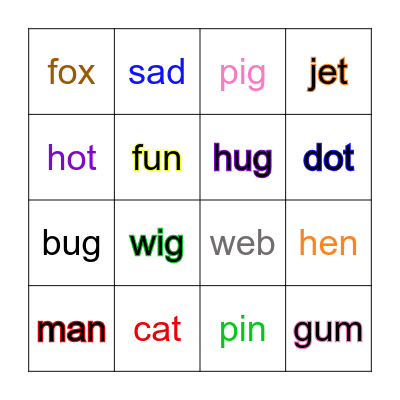 CVC Words Bingo Card