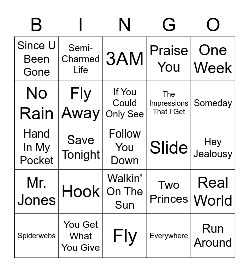 Rock 90's-2000's Bingo Card