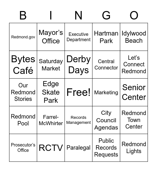 Redmond Bingo Card