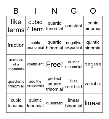 Polynomials Bingo Card