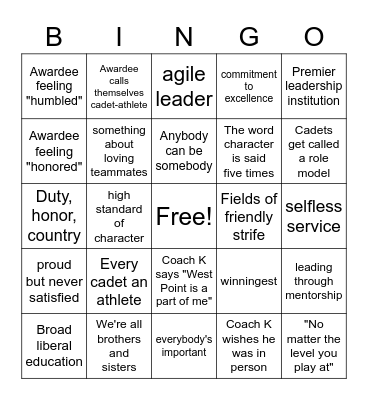 Coach K Bingo Card